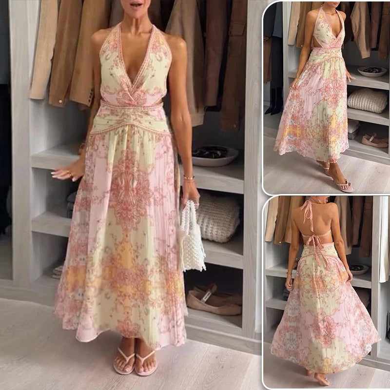 Women's Fashionable Printed V-Neck Halter Dress