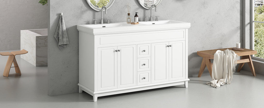 60" Bathroom Vanity with Resin Double Sinks, 3 Drawers & 4 Doors
