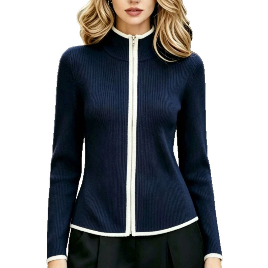 Womens Short Knitted Cardigan With Half-High Collar Contrast-Color Zipper