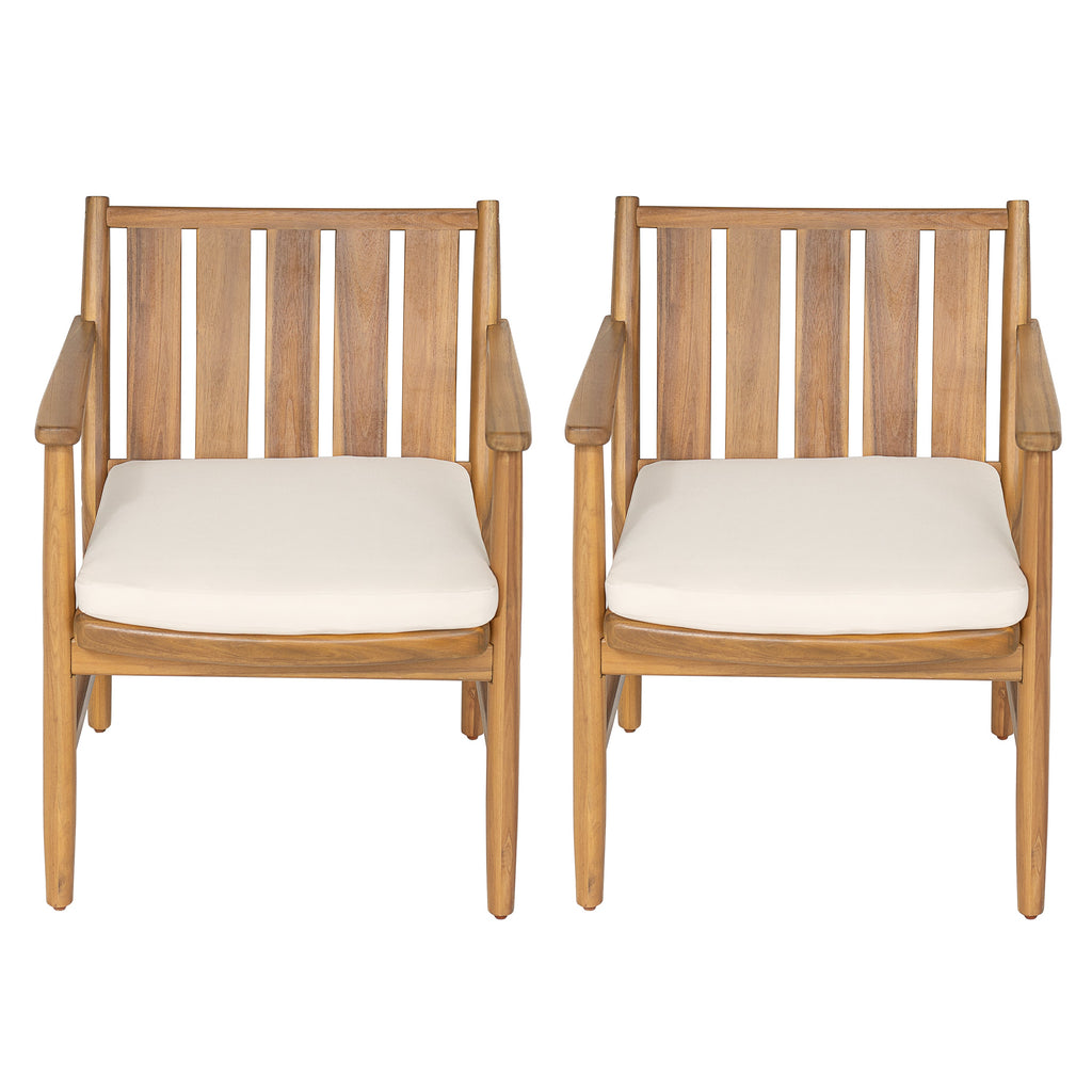 2-Piece Outdoor Acacia Wood Arm Dining Chairs with Removable Cushions