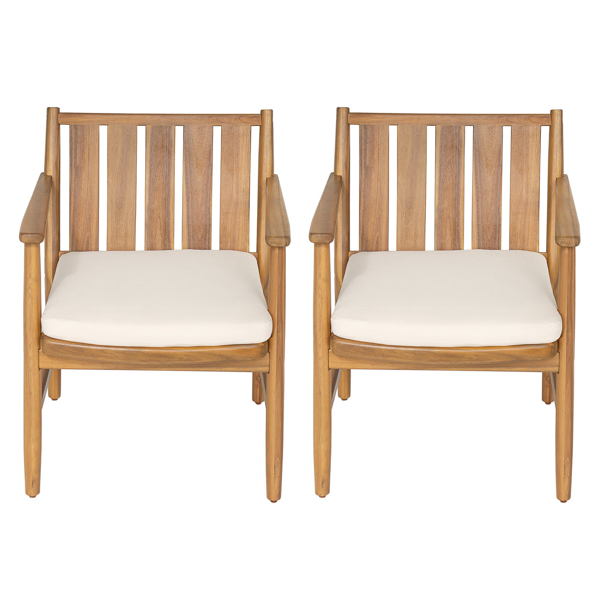 2-Piece Outdoor Acacia Wood Arm Dining Chairs with Removable Cushions