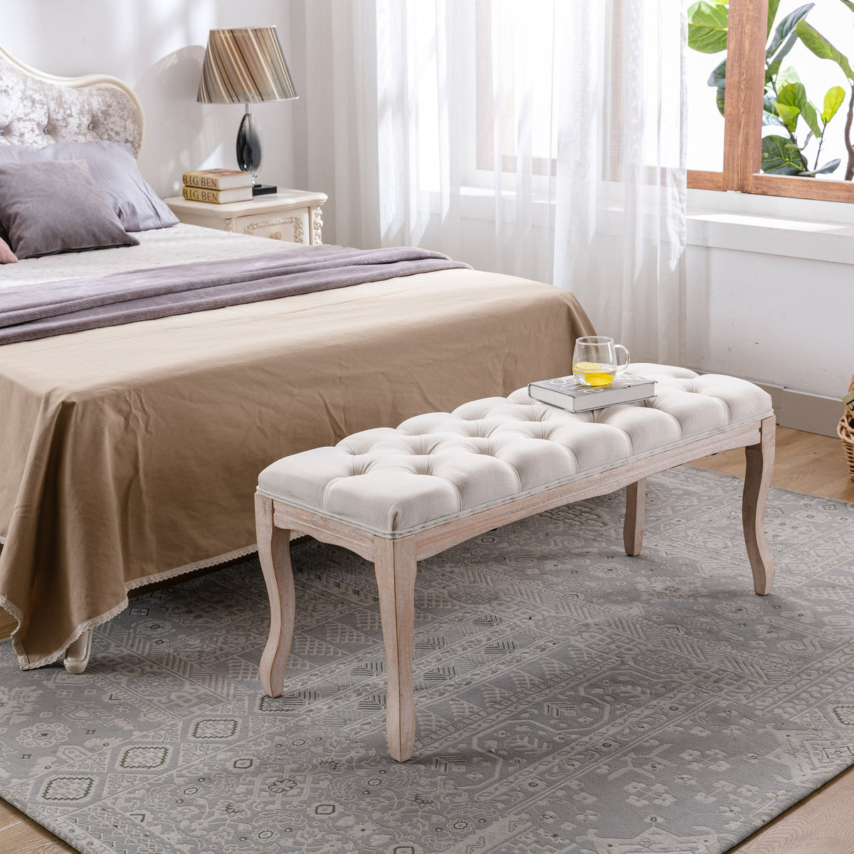 Bedroom Bench - French Vintage Tufted Entryway Bench