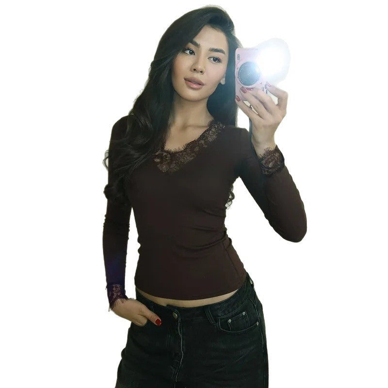 Y25Tp428 European And American Cross-Border Women's Clothing Autumn Amazon New V-Neck Lace Patchwork Waist-Revealing Crop Top