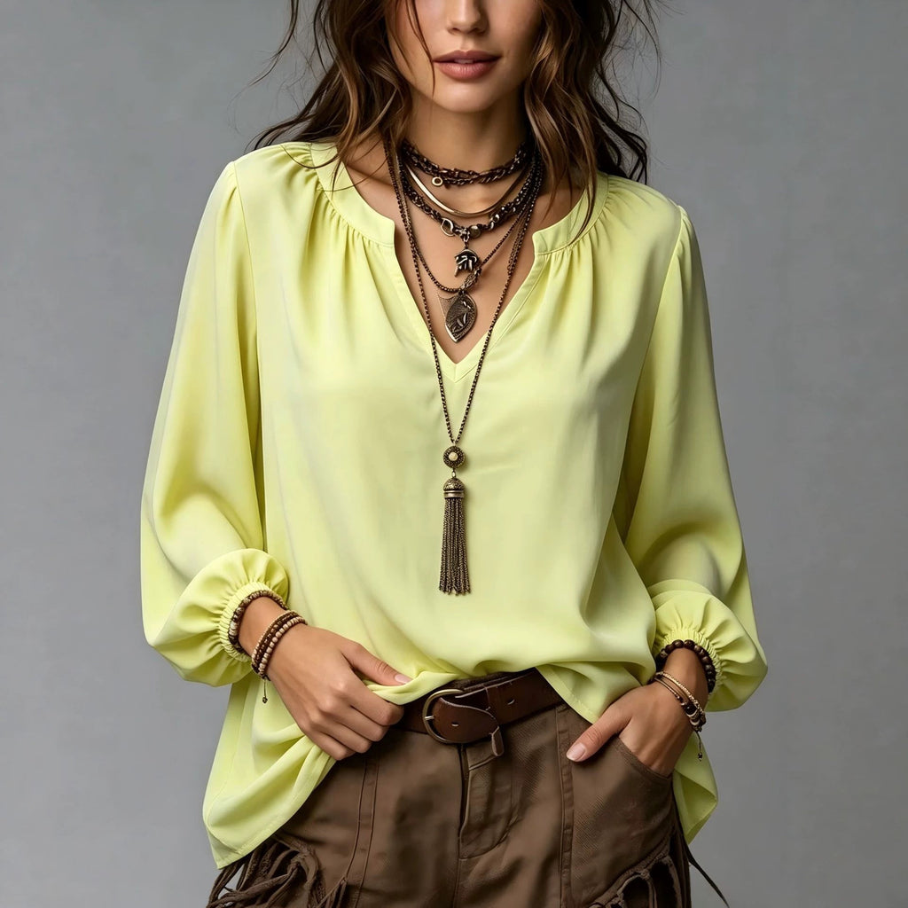 Elegant V-neck Shirt With Puff Sleeves For Women