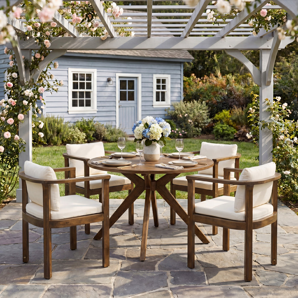 Outdoor Dining Chair Set of 4 with Curved Acacia Wood Arms