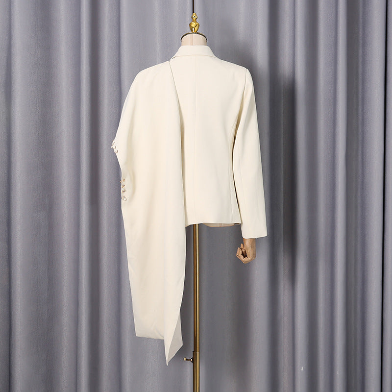 Waterfall Draped Pearl Crystal Bead Trim Asymmetrical Tailored Blazer