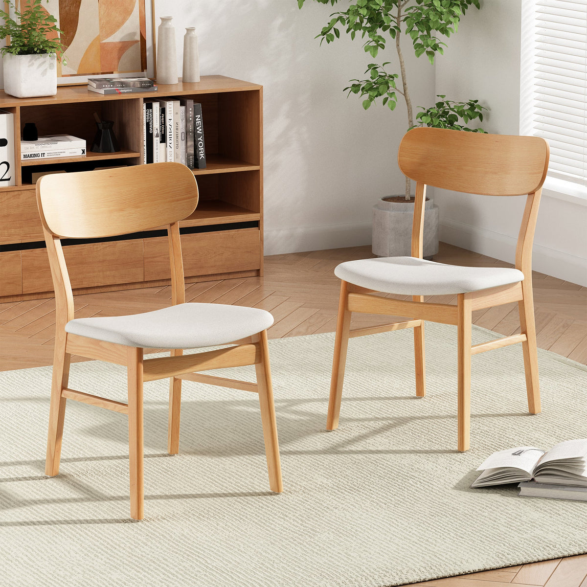 Set of 2 Dining Chairs - Upholstered Seat, Rubberwood Legs