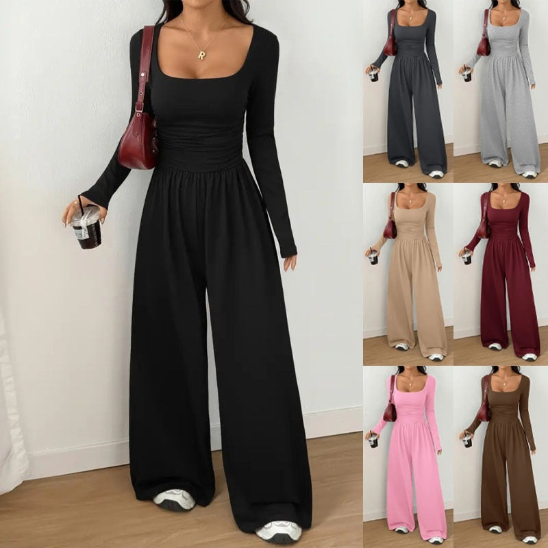 European And American Women's Clothing For Spring And Autumn, New Amazon Cross-border Women's Simple Style Solid Color Casual Long-sleeve Wide-leg Jumpsuit