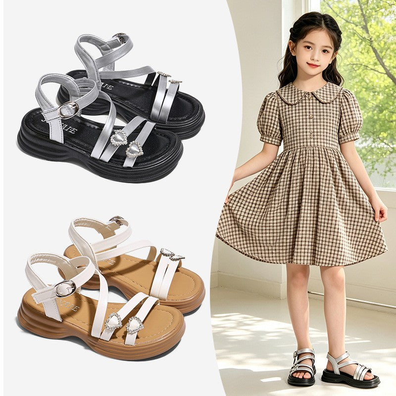 2026 Summer New Trendy Kids Sandals, Girls Soft Sole Fashion Princess Shoes, Silver Roman Sandals Children Beach Shoes