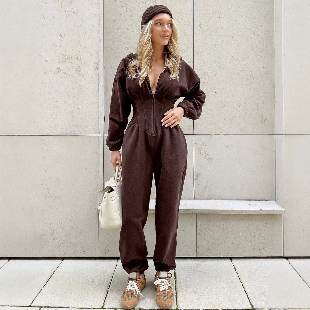 Women's Fallwinter Jumpsuit With Long Sleeves Sporty And Casual Featuring A Hood