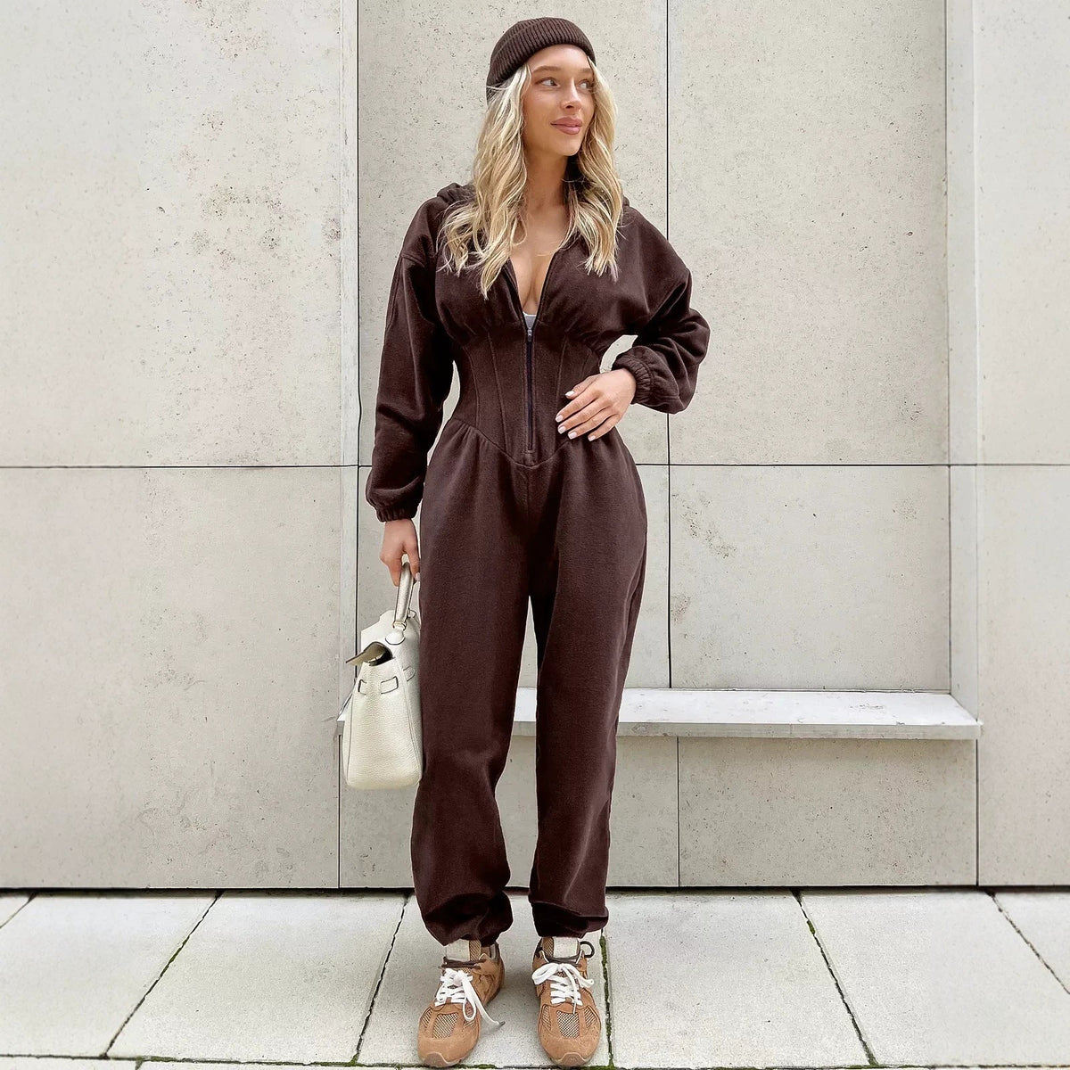 Women's Fallwinter Jumpsuit With Long Sleeves Sporty And Casual Featuring A Hood