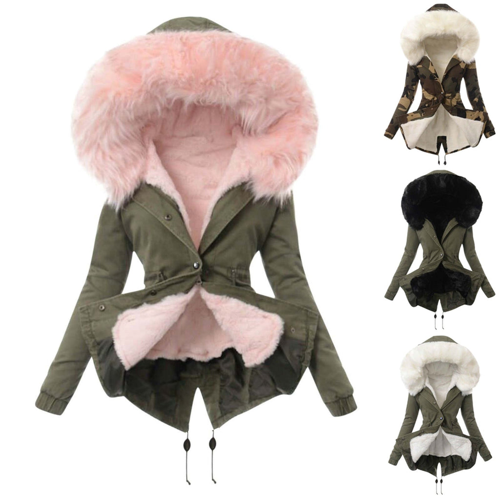 Womens Winter Warm Faux Fur Collar Zip-Up Long-Sleeve Coat