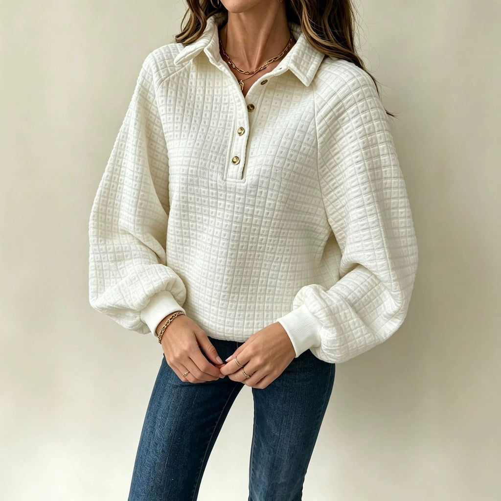Turn-down Collar Textured Top Women's Pullover Sweatshirt