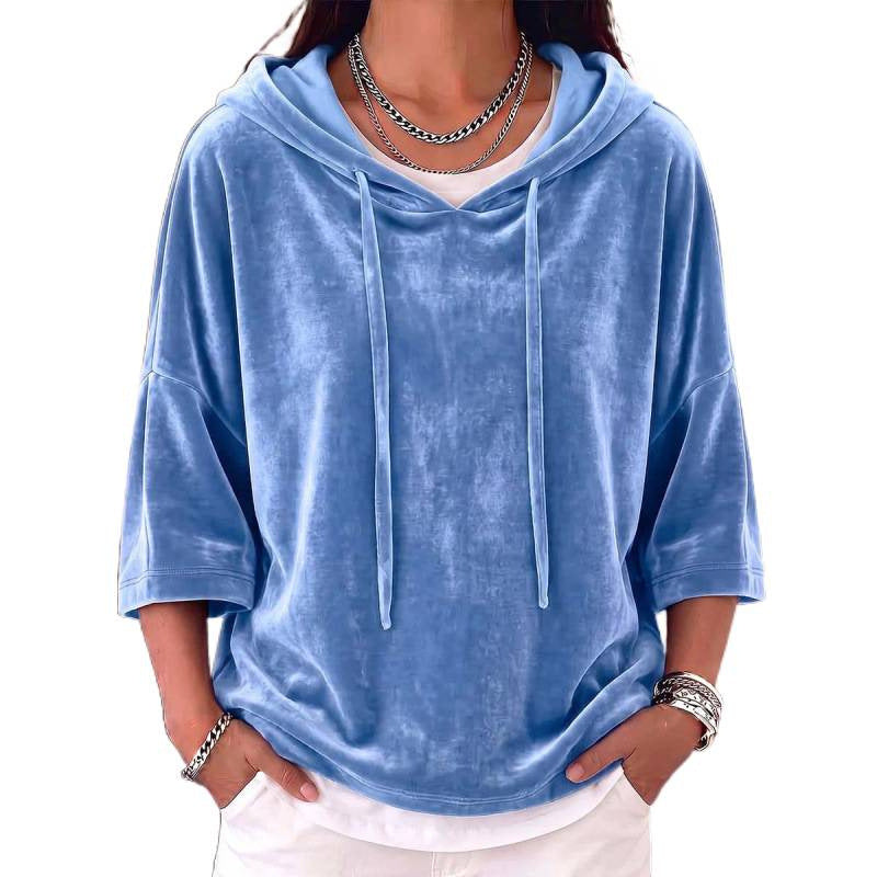 Solid-color Drawstring Three-quarter-sleeve Velvet Hoodie