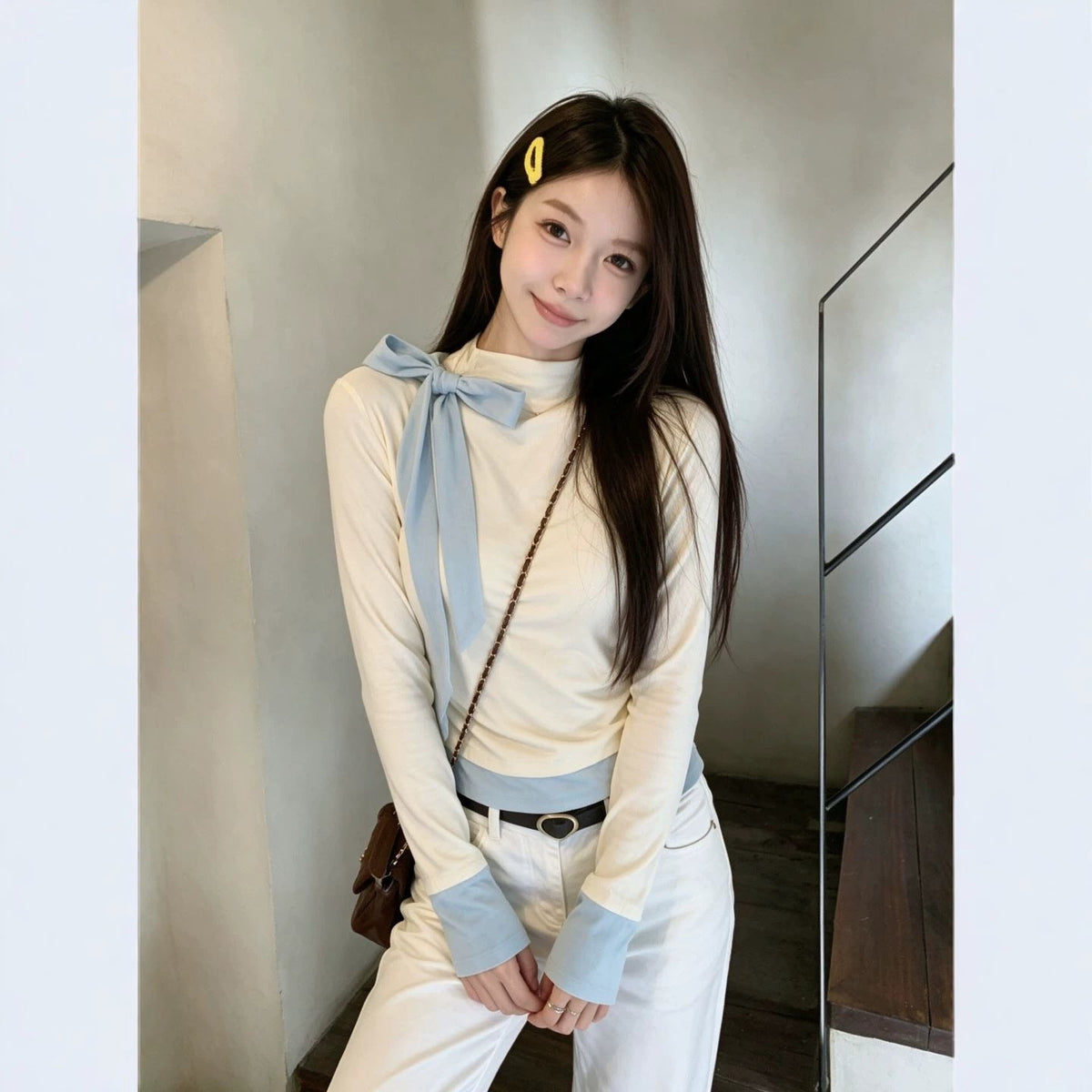 Light Blue Long-sleeved Blouse With A Bow For Women