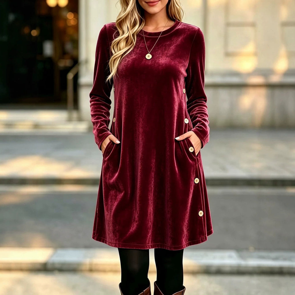 Womens Solid-color Velvet Long-sleeve Dress With Buttons