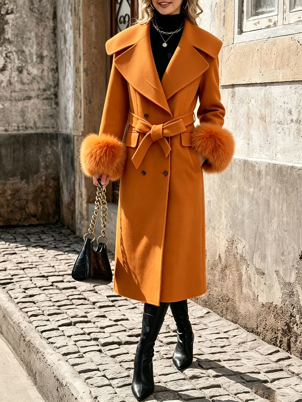 Women Belted Long Wool Coat Detachable Fur Cuffs