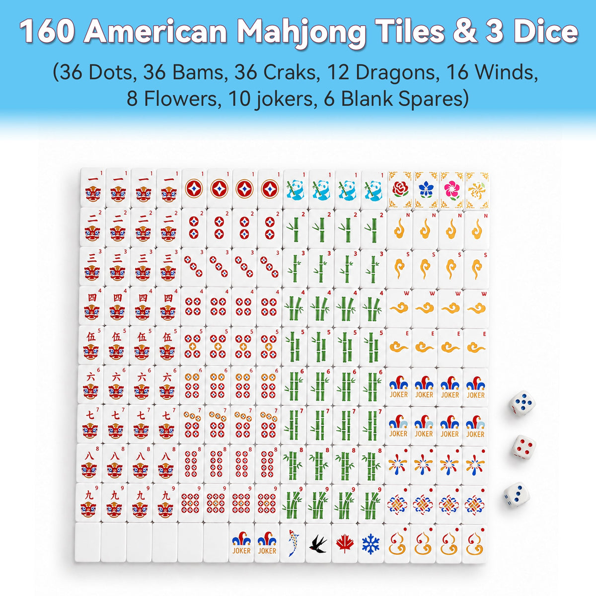160PCS Floating Mahjong Tile Set Blue Classic Style With 3 Dice