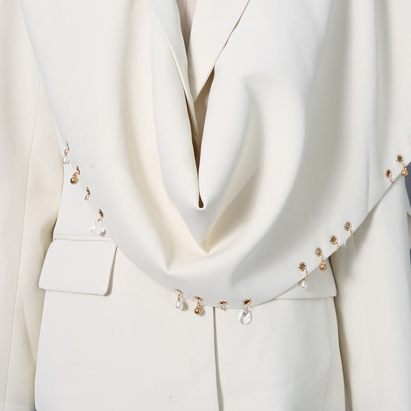 Waterfall Draped Pearl Crystal Bead Trim Asymmetrical Tailored Blazer