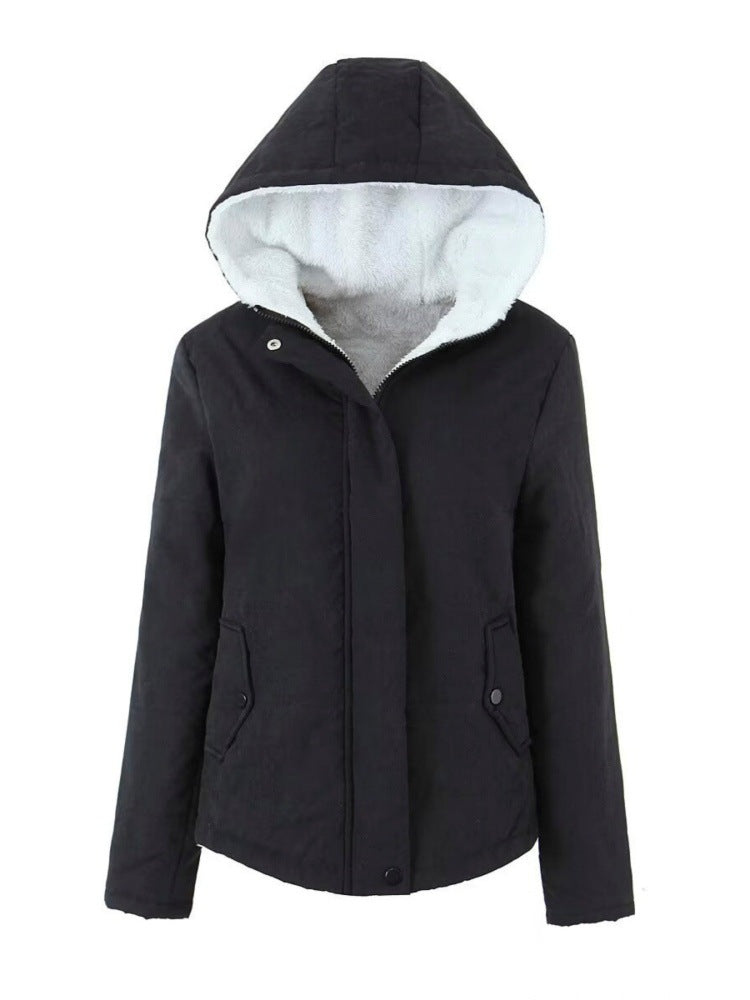 Womens Fleece-lined Hooded Loose-fit Cotton Coat Plus Size