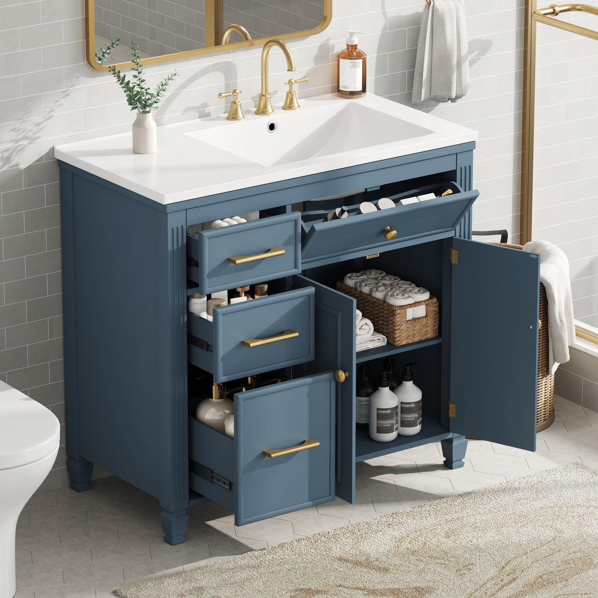 36" Bathroom Vanity with Sink, Ceramic Sink, One Tip-out Drawer, 3 Side Drawers