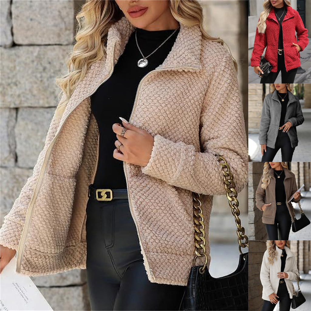 Women's Padded Fleece-Lined Zip-Up Jacket With Pocket And Lapel