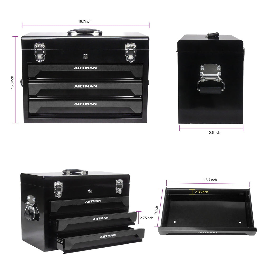 20'' Portable 3-Drawer Steel Toolbox