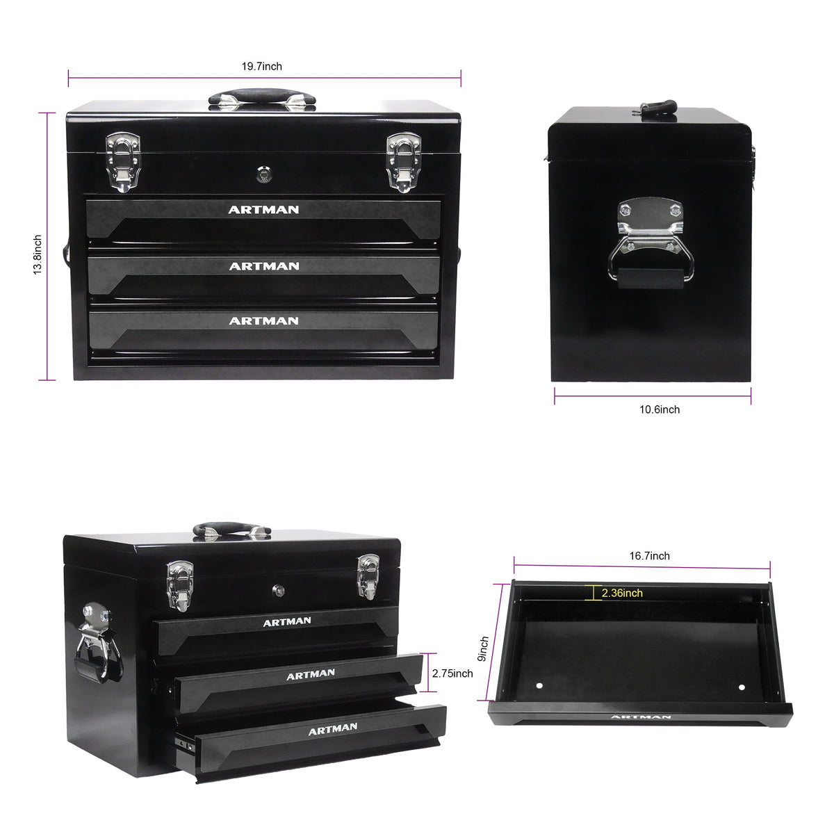 20'' Portable 3-Drawer Steel Toolbox