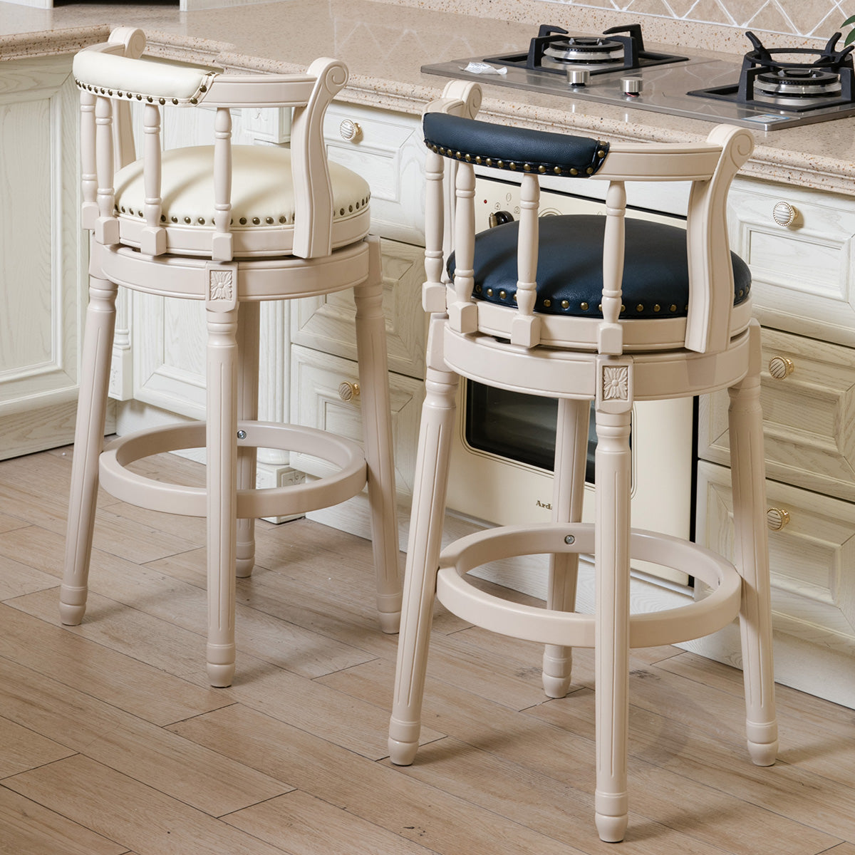 Leather Wooden Bar Stools - 26'' Height - White