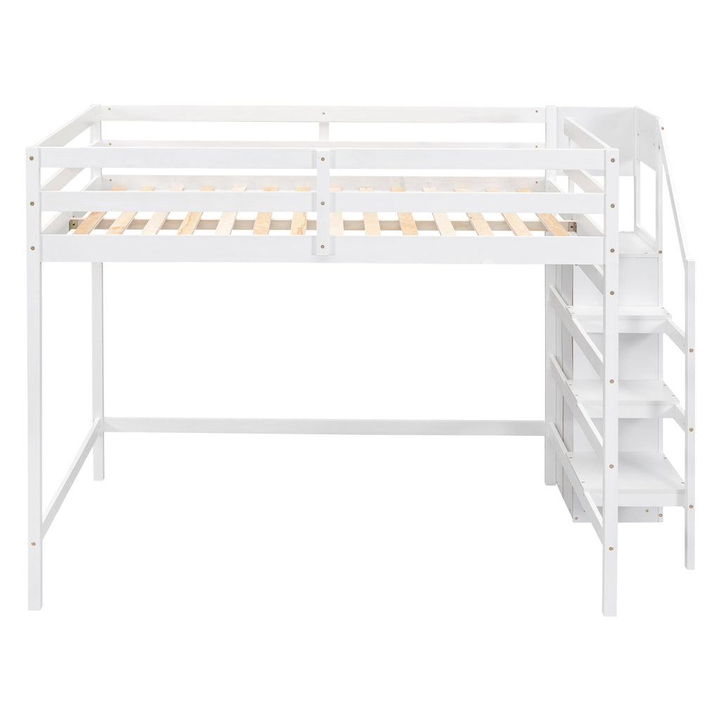 Full Size Loft Bed with Built-in Storage Wardrobe and Staircase