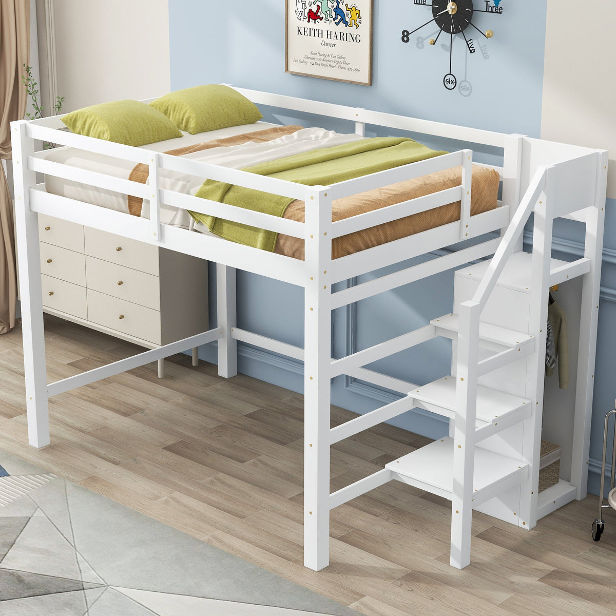 Full Size Loft Bed with Built-in Storage Wardrobe and Staircase