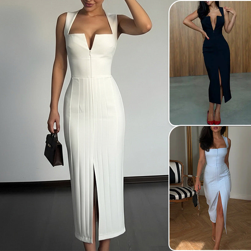 Solid-color Slit Sheath Dress For Women