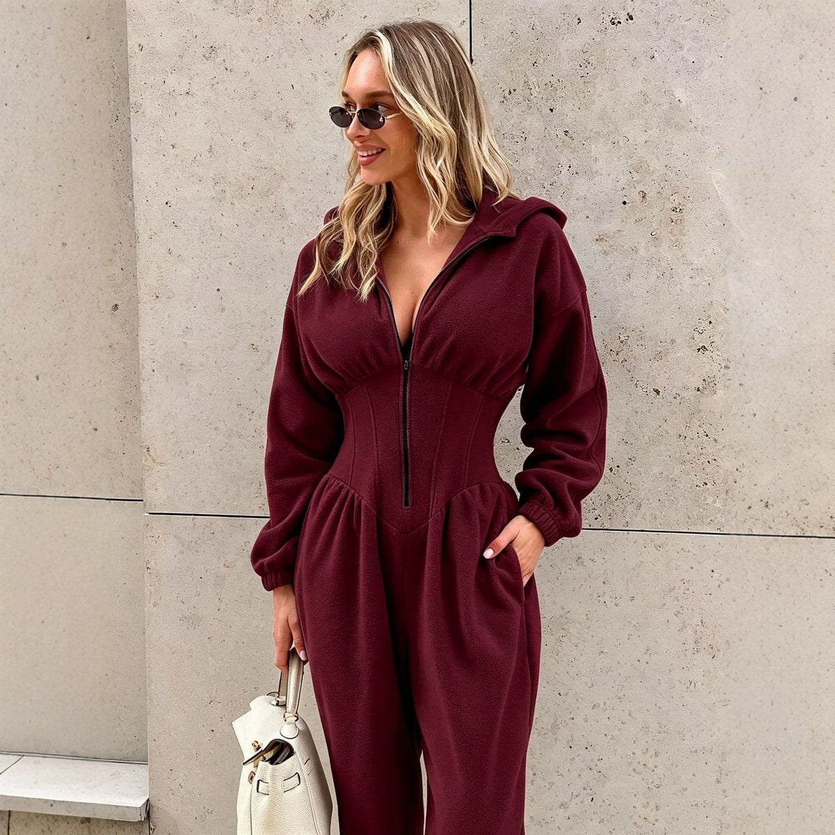 Women's Fallwinter Jumpsuit With Long Sleeves Sporty And Casual Featuring A Hood