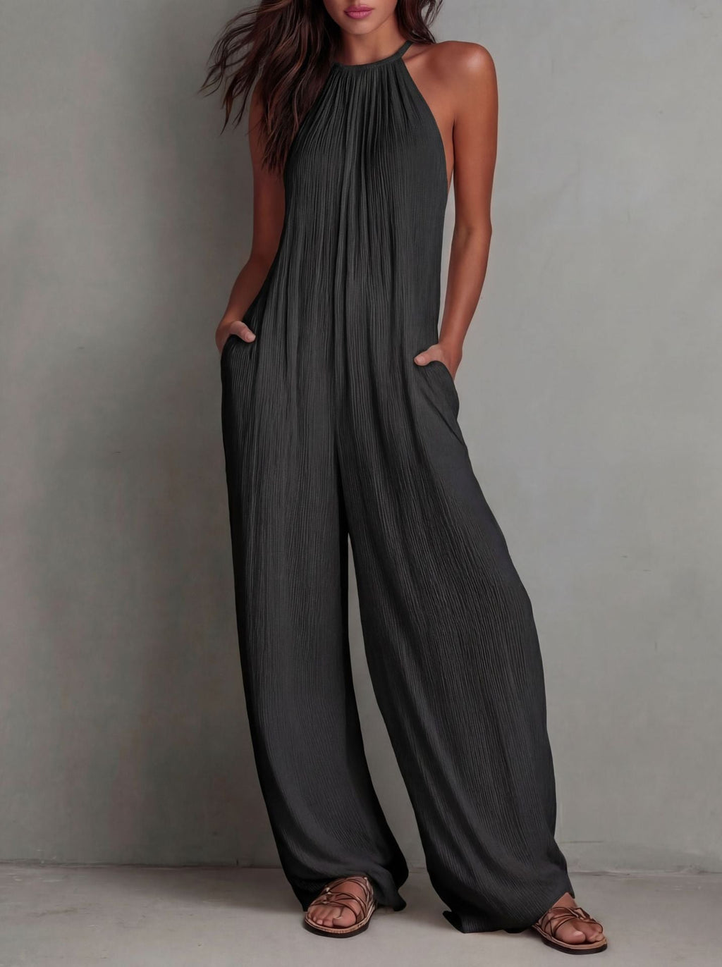 Cross-Border Foreign Trade Women's Clothing European And American Style Halter Neck Sleeveless Vacation Style White Pleated Backless Wide-Leg Jumpsuit