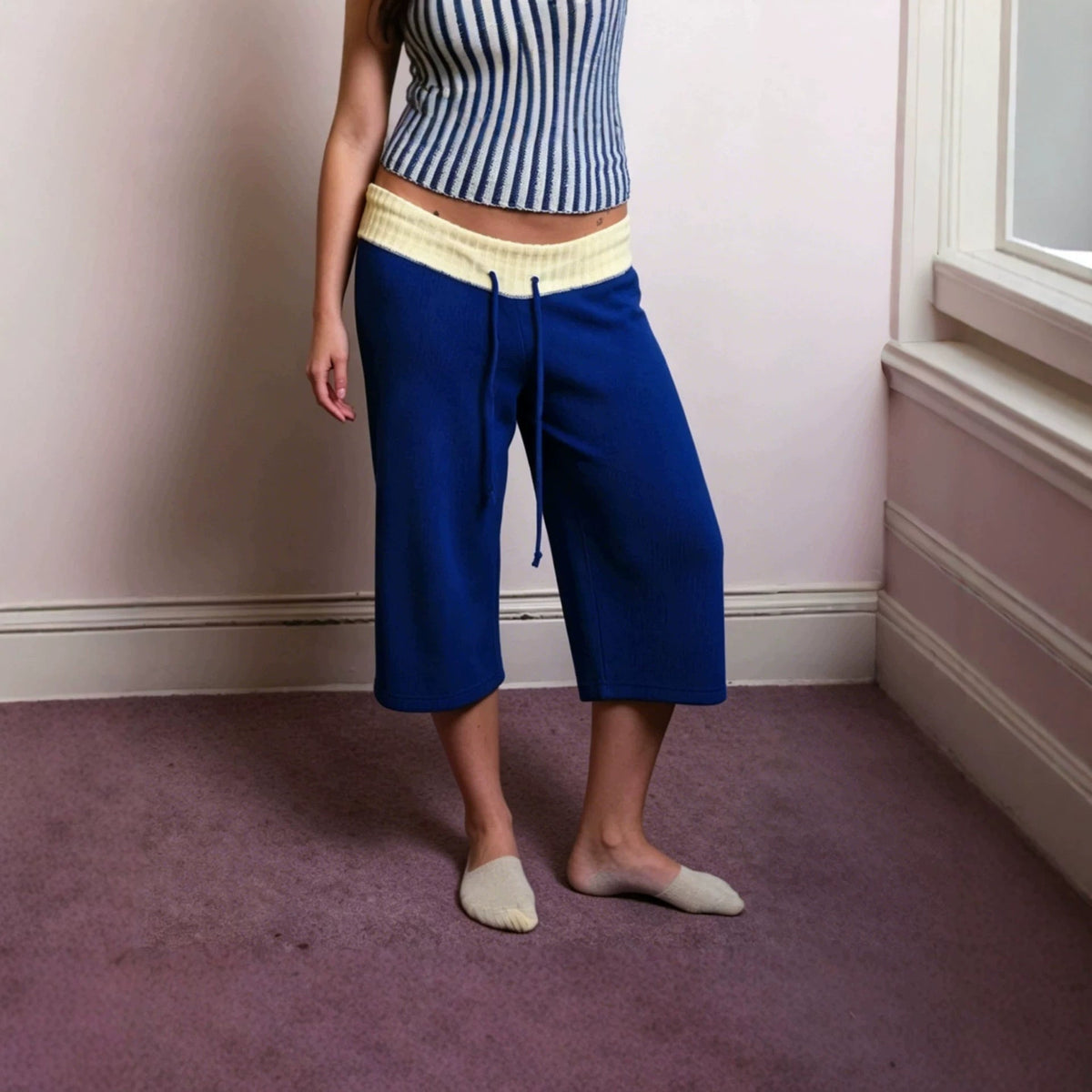 New Womens Summer Casual Pants With A Color-block Ribbed Waistband
