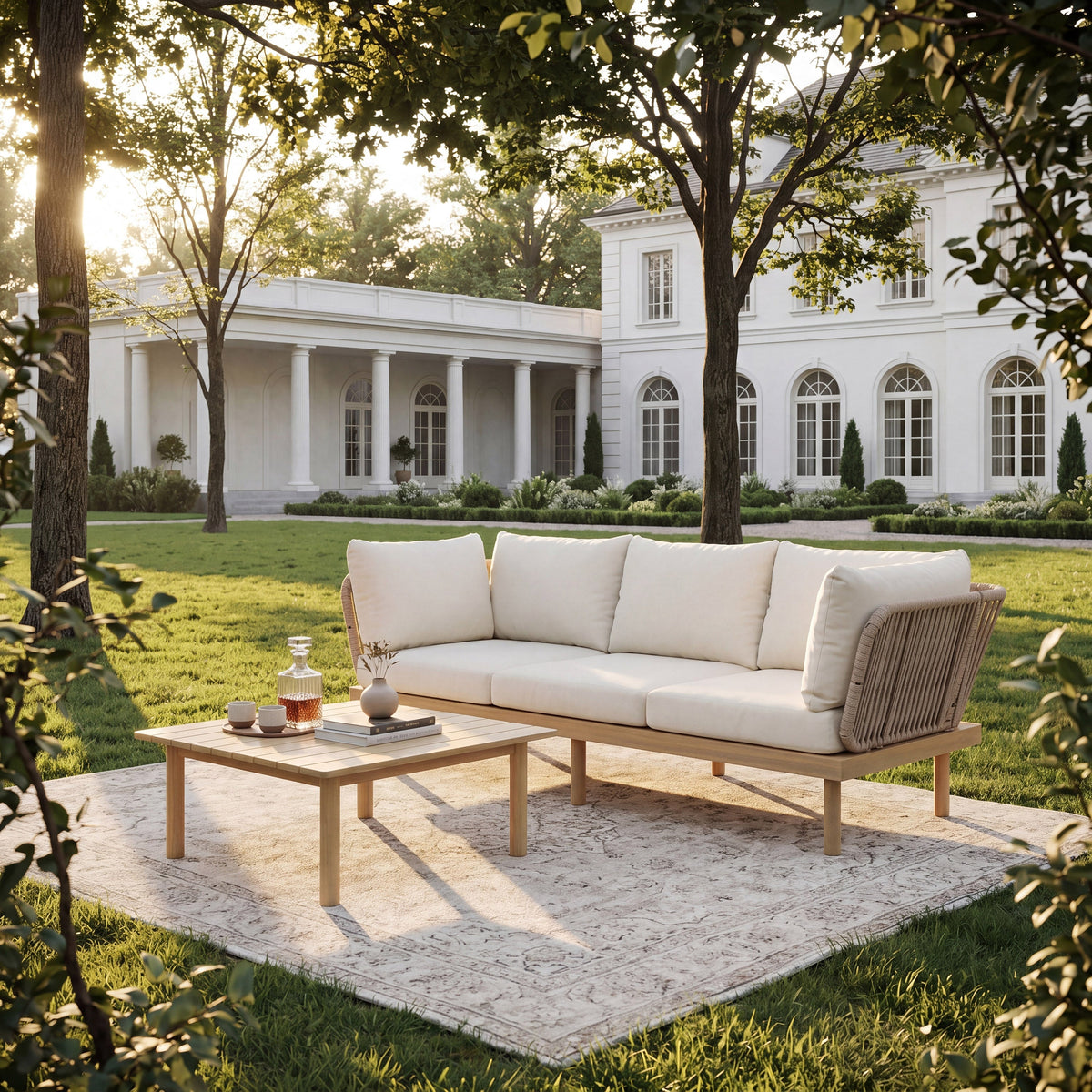 4-Piece Acacia Wood Outdoor Sofa Set with Rope Back & Weather-Resistant Cushions