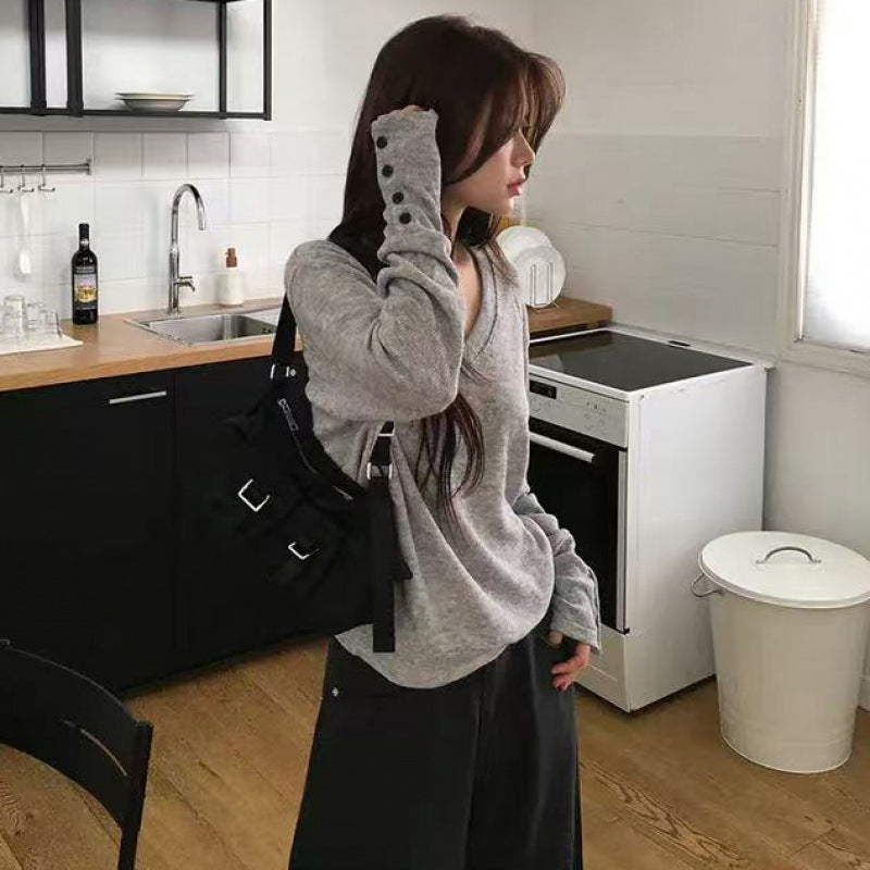 Korean-style Elegant And Versatile Top With Slit Cuffs