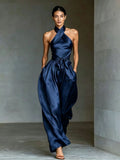 European And American Cross-border Women's Satin High-end Waist-cinching Slit Strap Solid Color Evening Dress Jumpsuit For Women