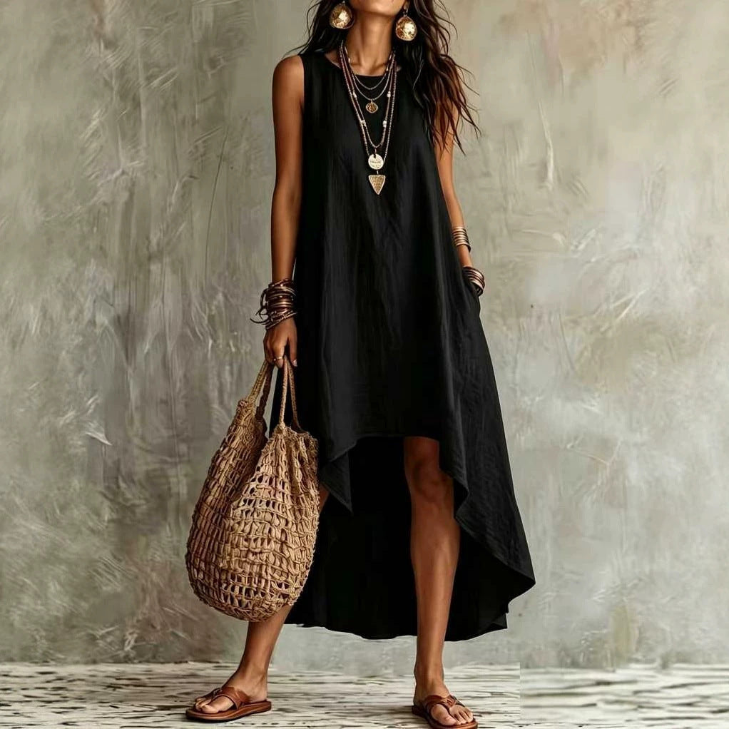 Womens Casual Round-neck Sleeveless Loose-fitting Midi Dress
