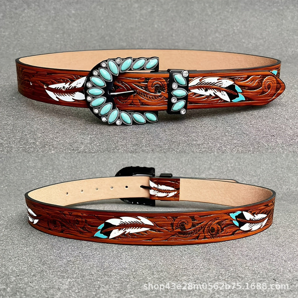 Women's Leather Belt Retro Medieval Turquoise Buckle Waistband Ladies Cowgirl Leather Belt In Stock Wholesale