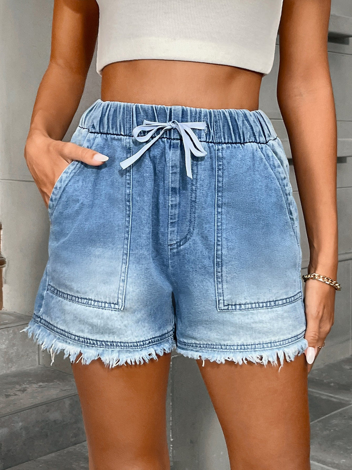 Womens Denim Shorts With Elastic Waist And Drawstring