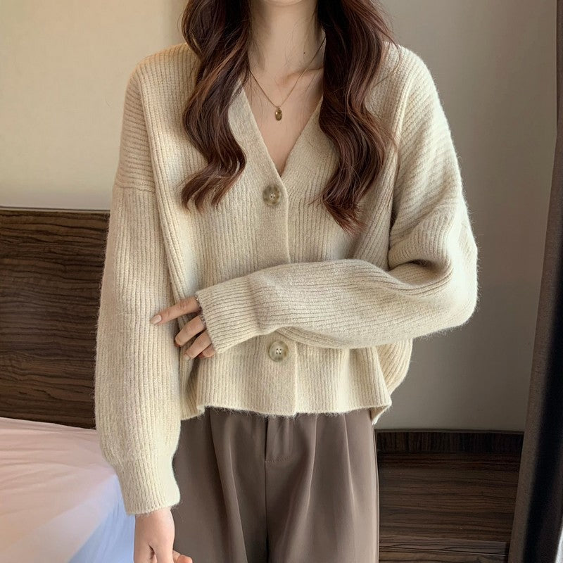 Autumn And Winter New Women's Korean-style V-neck Long-sleeved Sweater Cardigan Women's Fashionable All-matching Solid Color Top Coat
