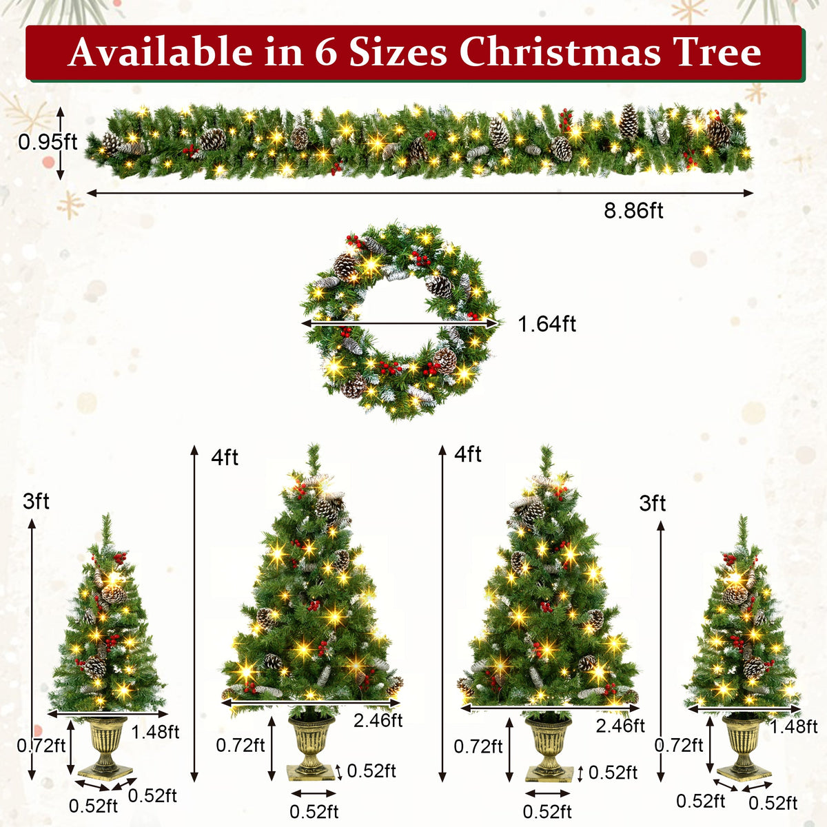 6-Piece Christmas Tree Set – 4 Trees with Sturdy Bases, 1 Pre-Lit Wreath, 1 Garland, Warm