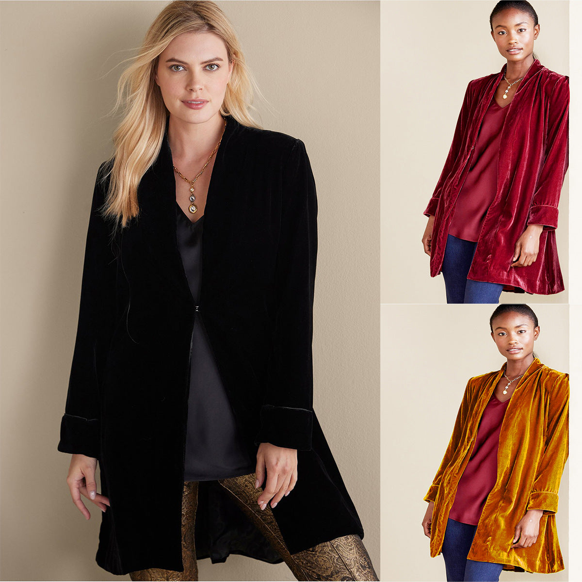 Solid-color Street-style Velvet Long Blazer