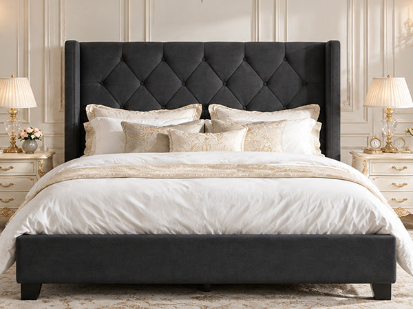 Modern Queen Size Platform Bed Frame with Tufted Velvet Headboard