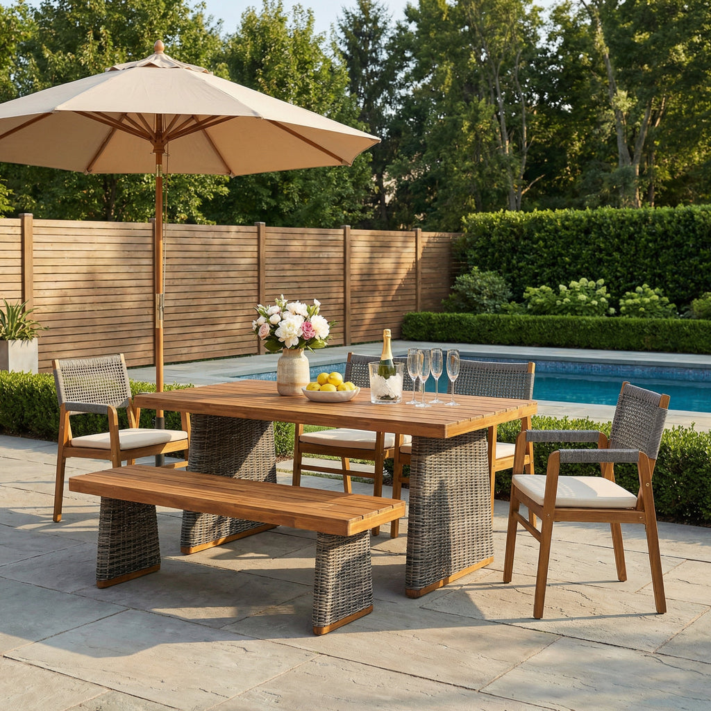 Outdoor 6 Pieces Acacia Wood Dining Set with Cushion