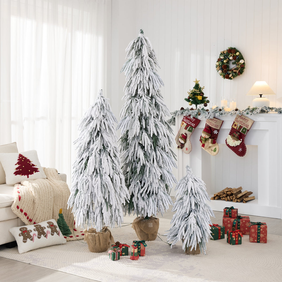 Pre-Lit Flocked Christmas Tree Set of 3 (3FT, 4.5FT, 6FT)