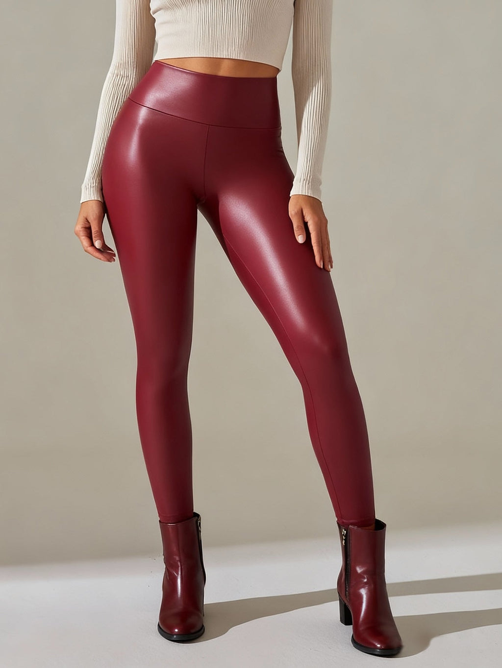 Women Faux Leather Leggings, High Waisted PU Leather Stretch Skinny Pants For Fall Winter Casual Daily Wear