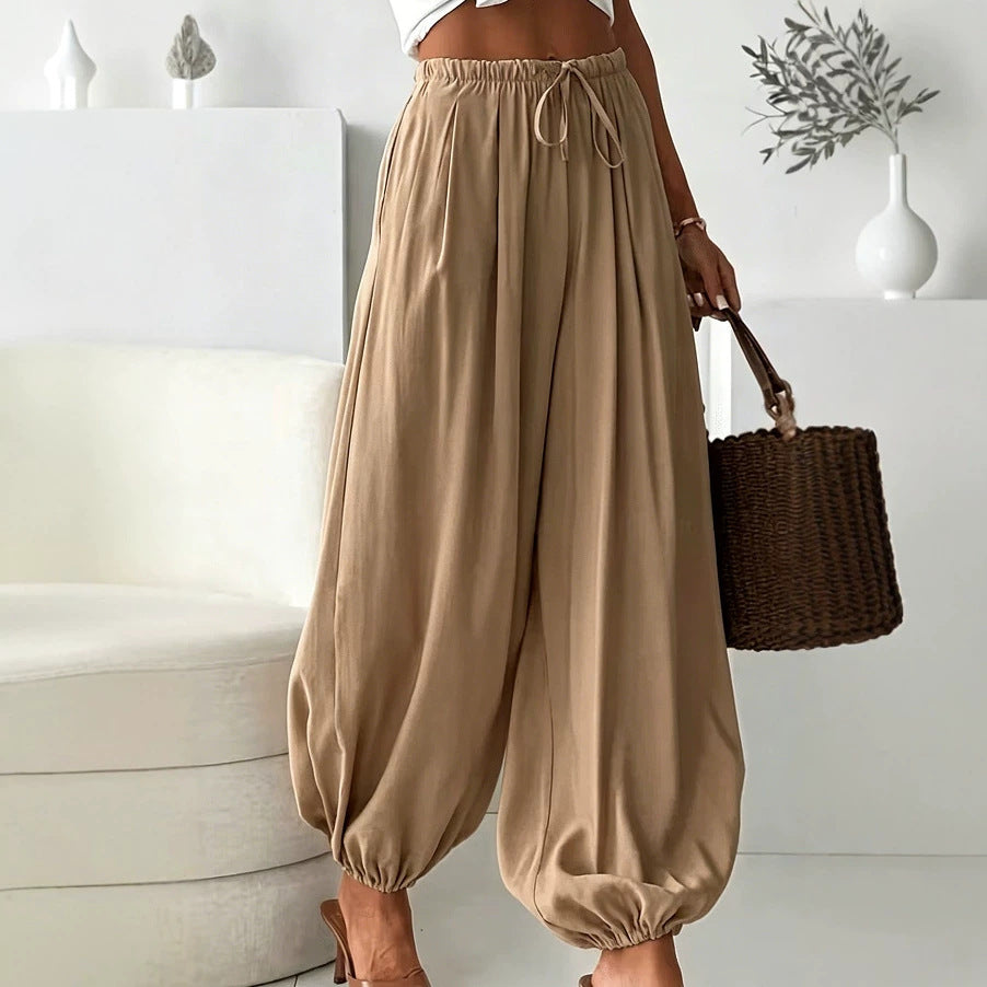 2026 Women's Summer Loose Drawstring Wide-Leg Cropped Pants With Draped Effect Harem Pants For Export Cross-Border Women's Fashion