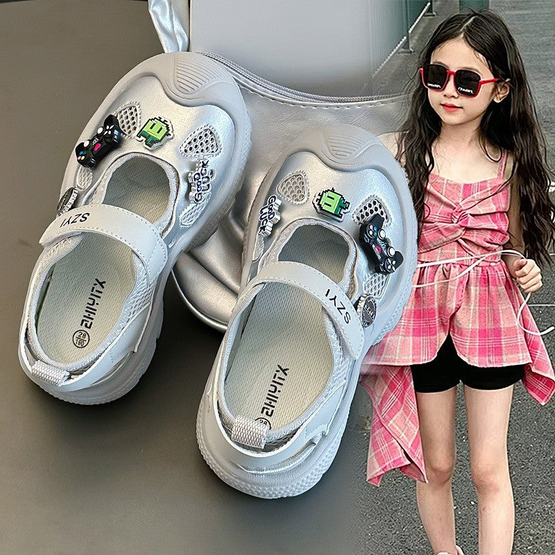 Trendy Brand Kids Mary Jane Sneakers, Hollow Out Heel Design, Hook-and-Loop Slip-On Breathable Mesh Shoes For Girls
